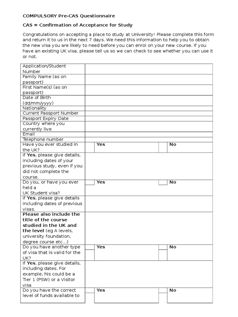 Pre-CAS Questionnaire for UK Visa | PDF | Wellness