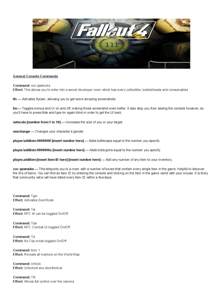 Fallout 4 Console & Item ID Codes PDF Video Game Gameplay Gaming