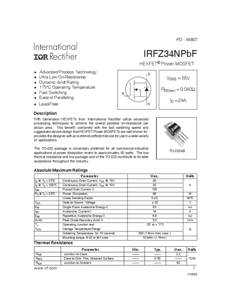 Datasheet IRFZ34N | PDF | Field Effect Transistor | Mosfet