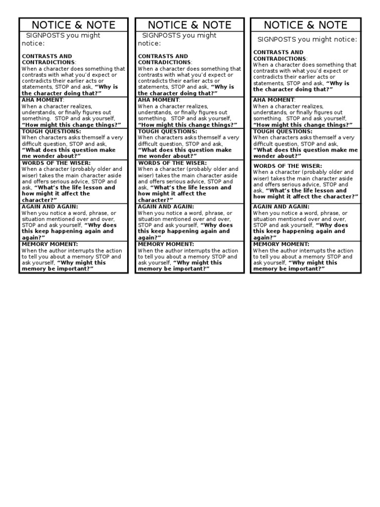Notice and Note Bookmark  PDF In Notice And Note Signposts Worksheet
