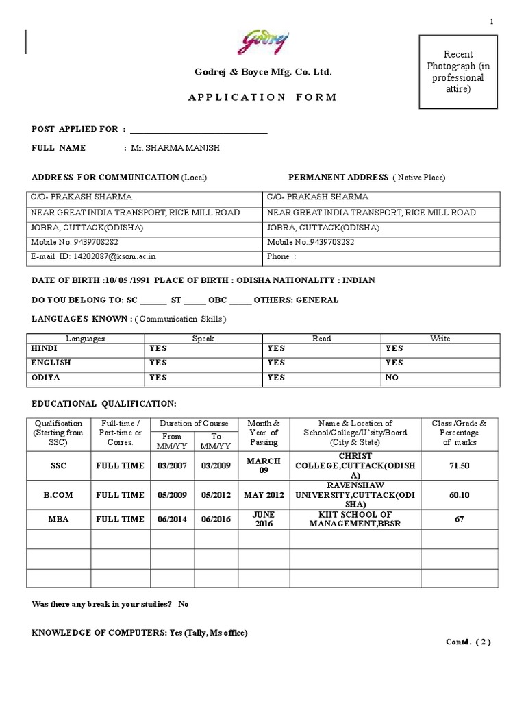 Godrej & Boyce Mfg. Co. Ltd. Application Form Recent Photograph (In