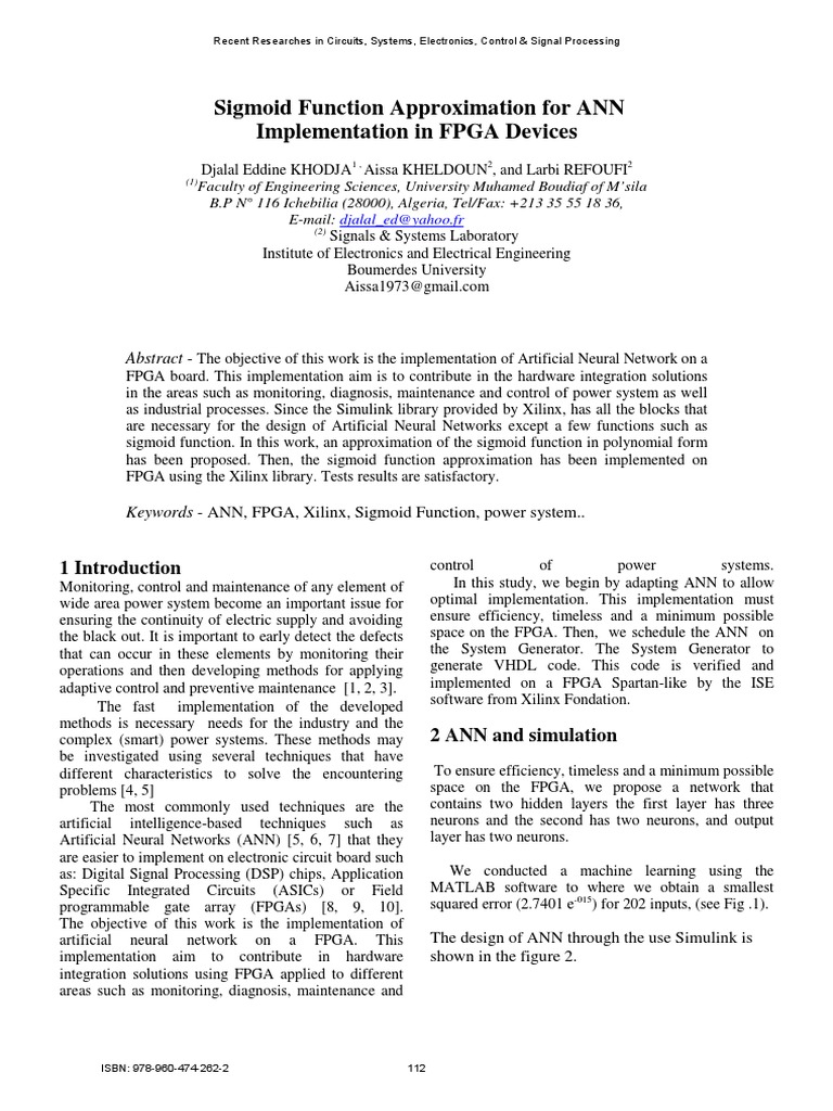 Sigmoid Function Approximation For ANN Implementation in FPGA | PDF ...