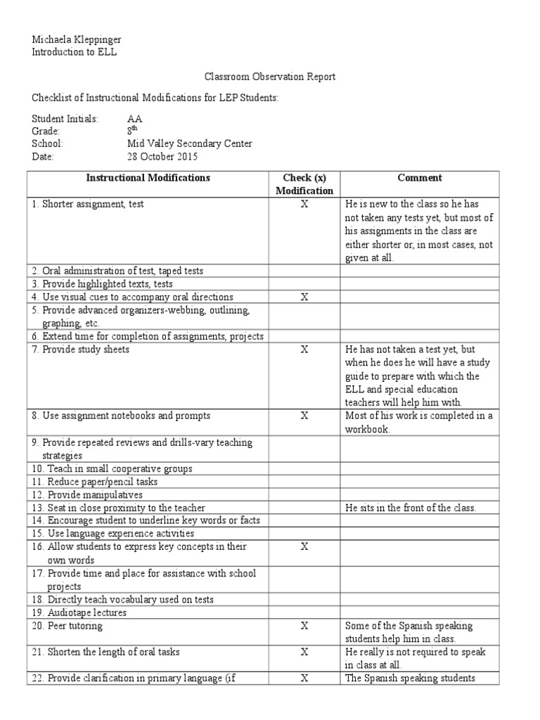 Sample classroom observation notes image