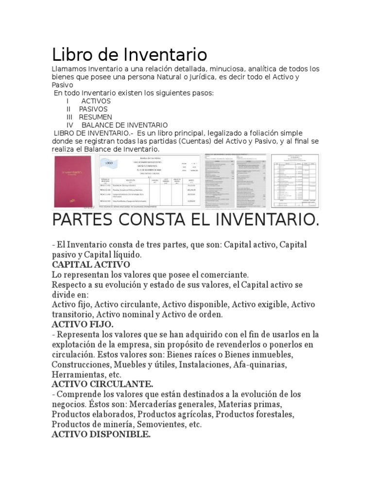 Estructura y Partes del Libro de Inventario | PDF | Hoja de balance ...