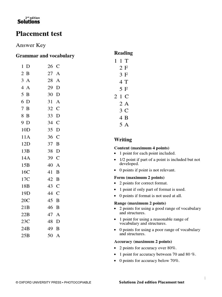 Solutions 2nd Ed - Pre-Int - Placement Test Answers | PDF