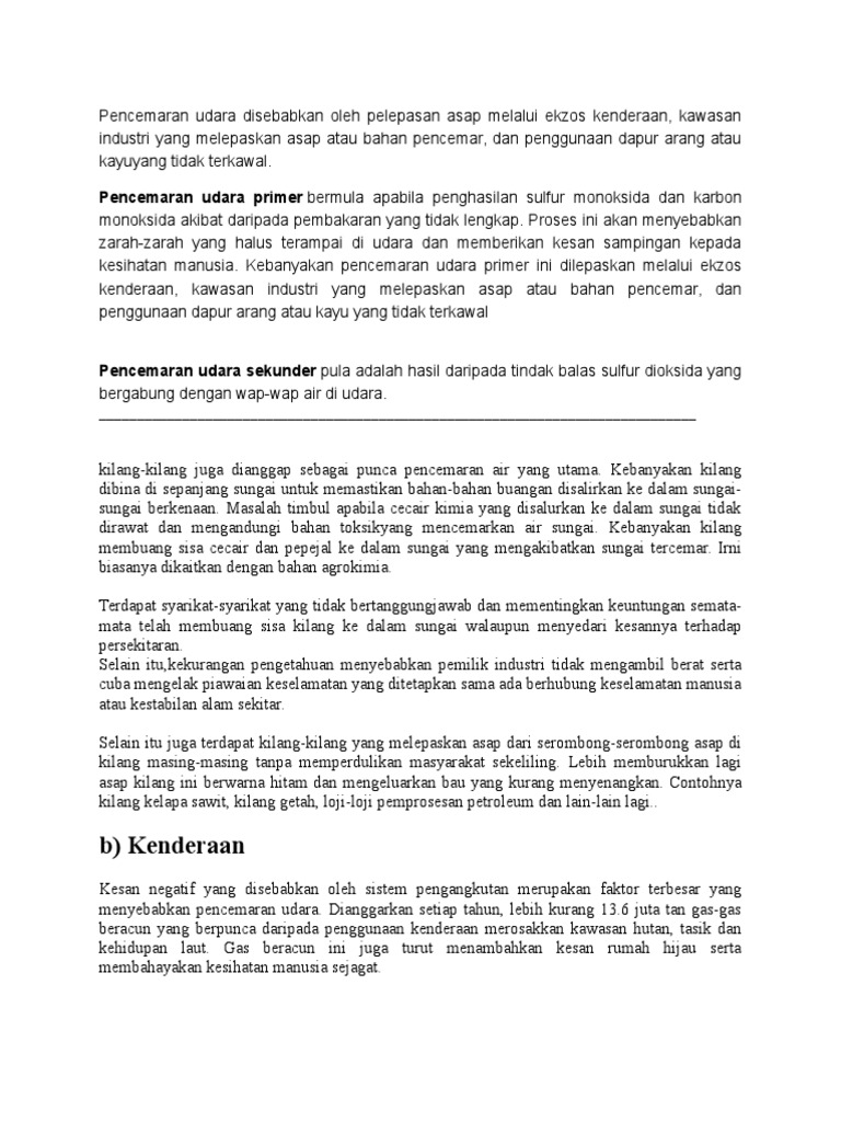 Pencemaran Udara Disebabkan Oleh Pelepasan Asap Melalui Ekzos Kenderaan Pdf