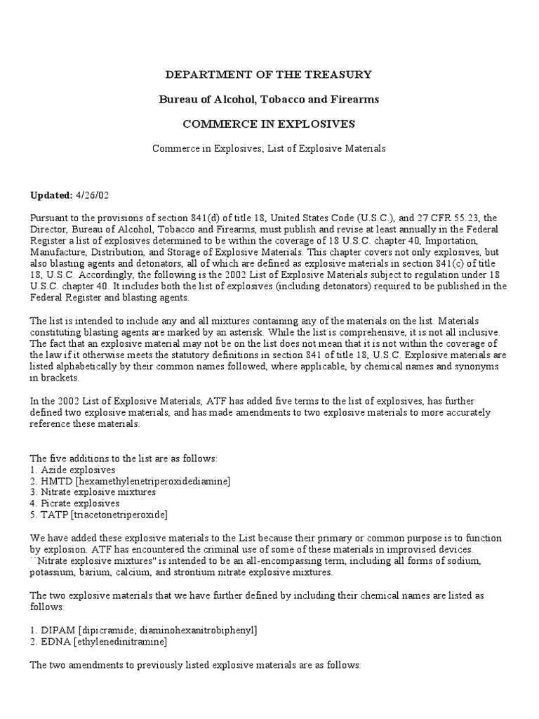 ATF List of Explosive Materials Explosive Material United States Code