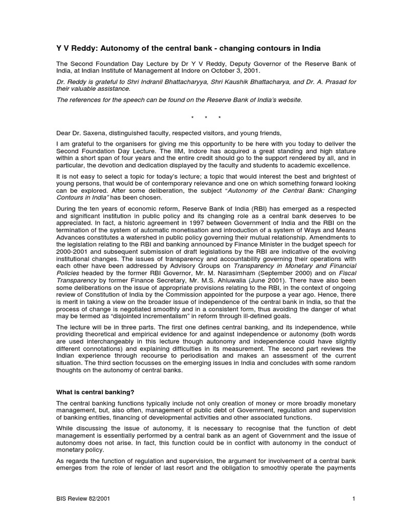 Autonomy of The Central Bank YV Reddy | PDF