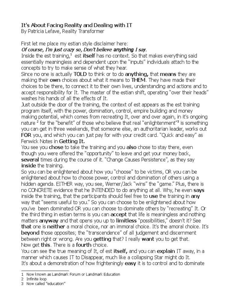 Its's About Facing Reality and Dealing With It PDF Reality