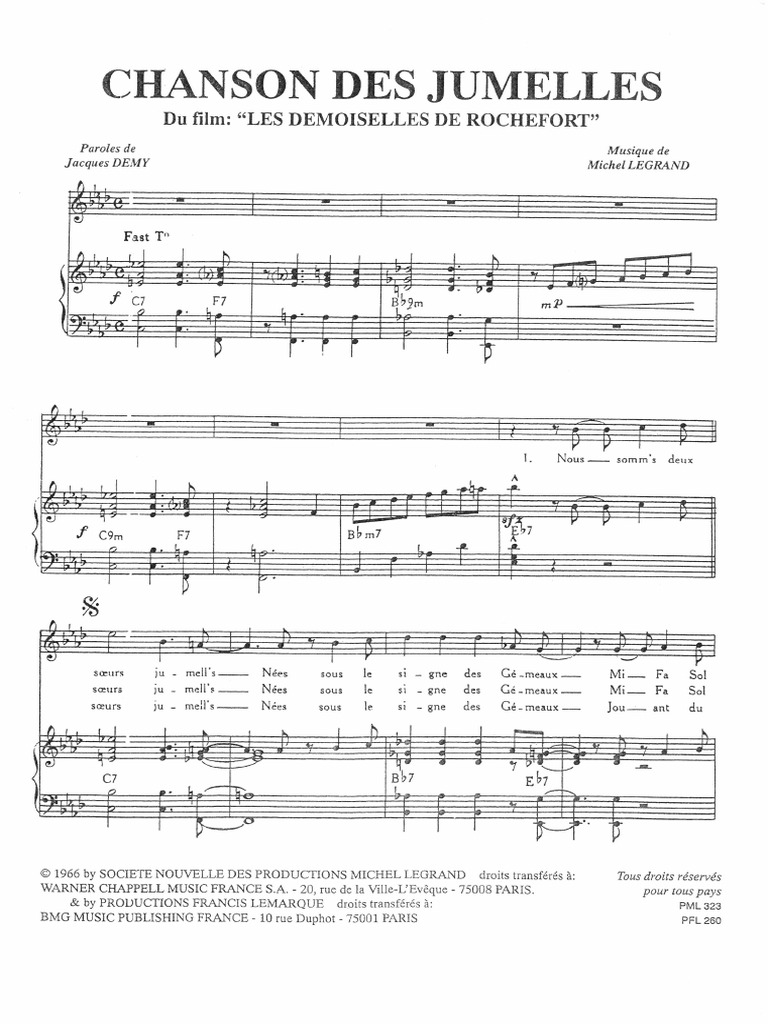 Nous Sommes Deux Soeurs Jumelles Partition Gratuite Michel Legrand - Les Demoiselles de Rochefort - Chanson Des Jumelles | PDF