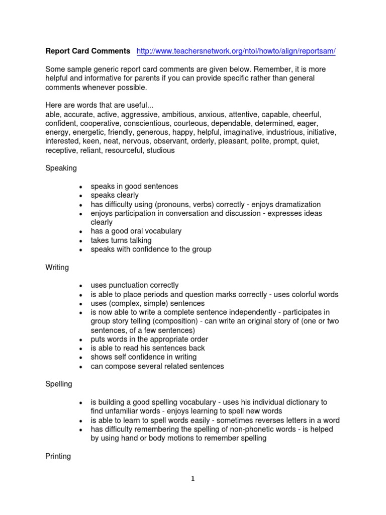 Teacher Network Report Card Comments | Vocabulary | Phonics