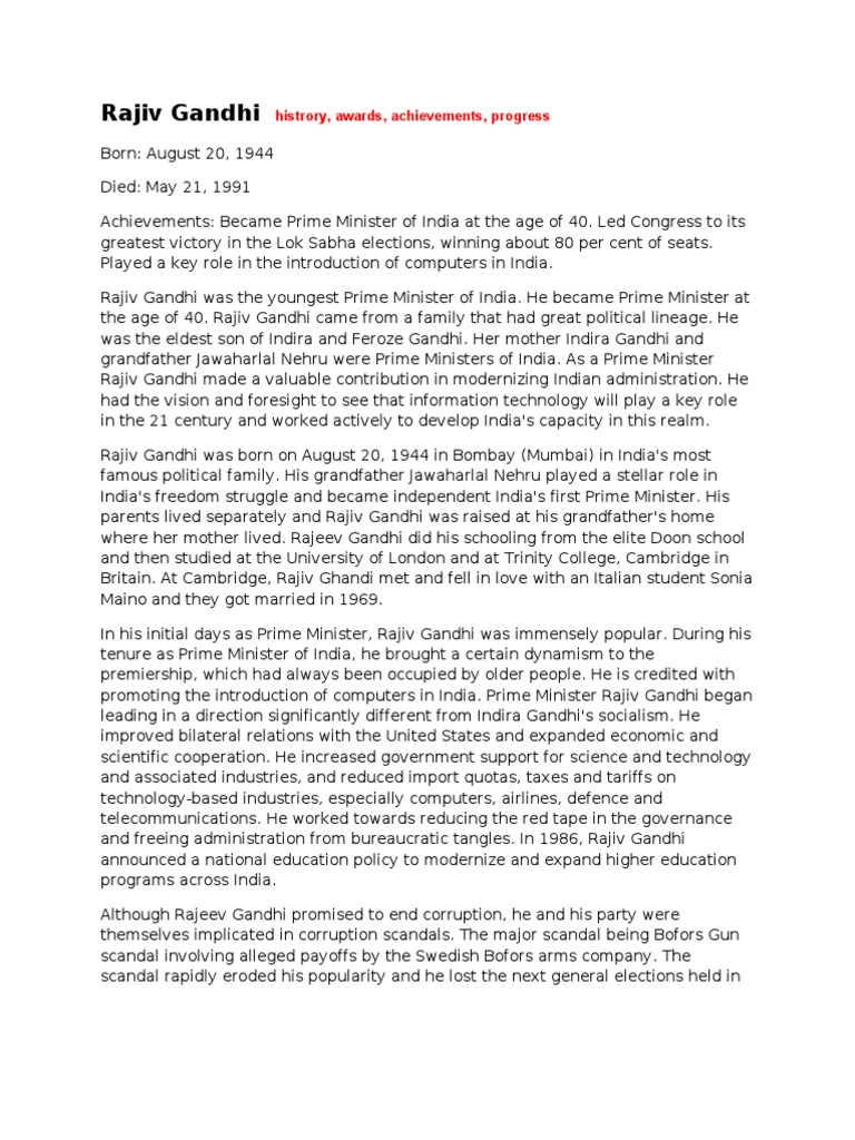 Rajiv Gandhi Histrory, Awards, Achievements, Progress PDF