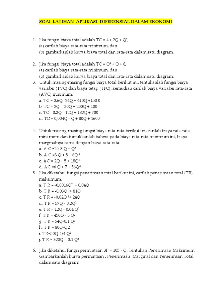 Soal Latihan Aplikasi Diferensial Dalam Ekonomi