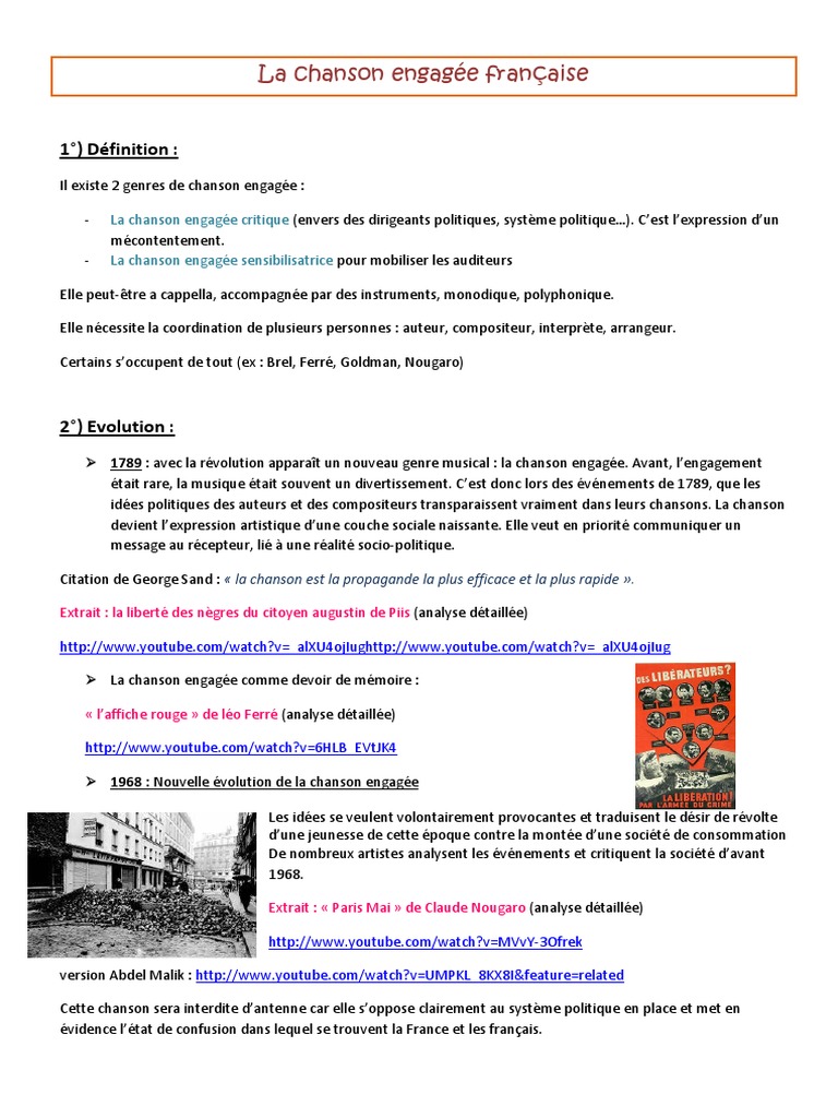La Chanson Engagee Francaise Cours 1rel Chansons