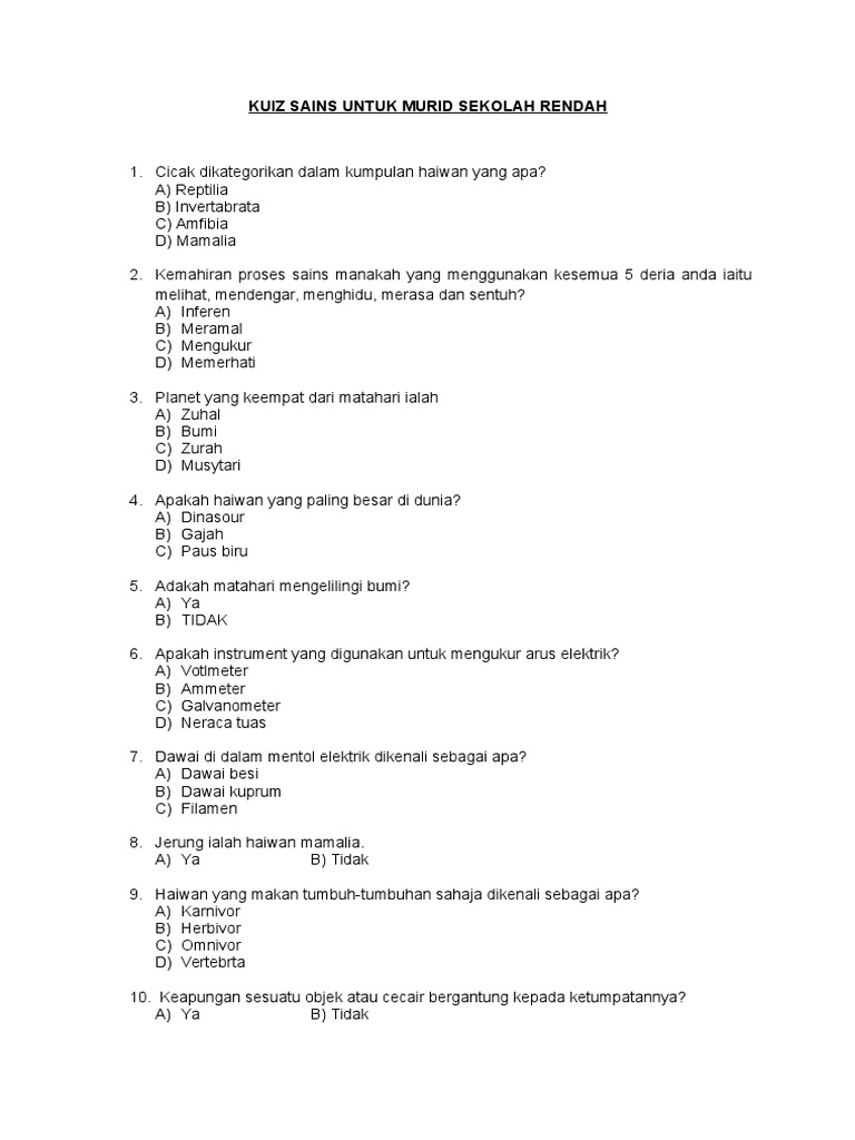 Kuiz Sains Untuk Murid Sekolah Rendah