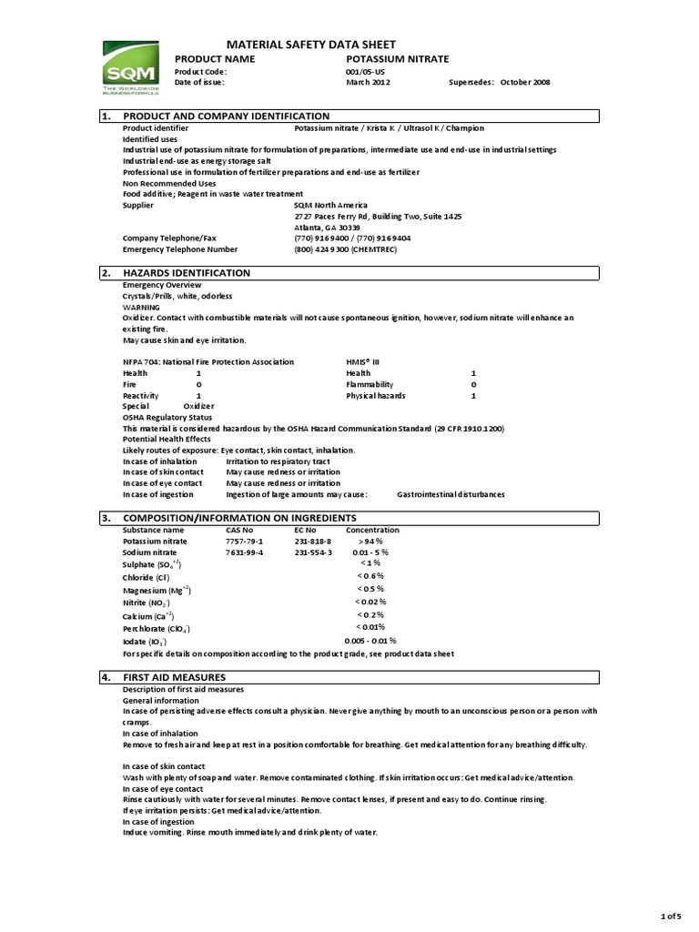 MSDS_PotassiumNitrate Toxicity Perchlorate Free 30day Trial Scribd