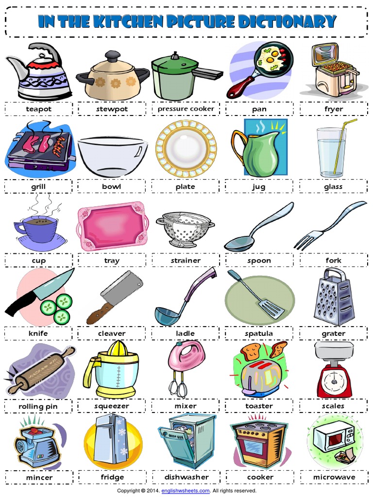 kitchen utensils esl picture dictionary worksheet