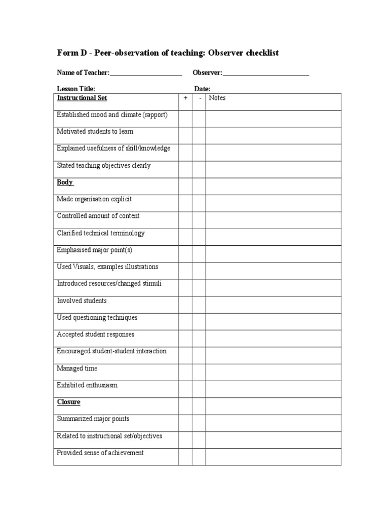 Form D - Peer-Observation of Teaching: Observer Checklist | PDF