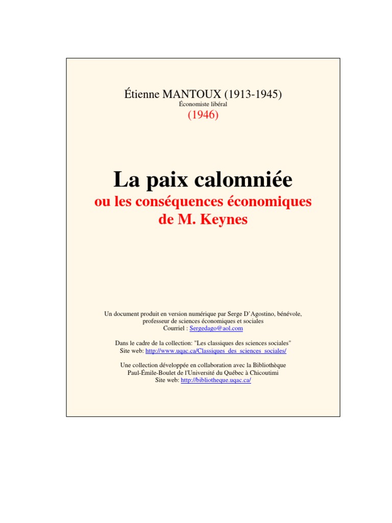 Mantoux : Économie et Paix de Keynes | PDF | John Maynard Keynes | Troubles