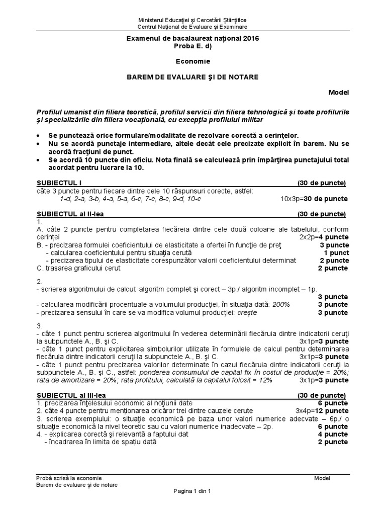 Barem de Corectare Model de Subiecte La Economie Bac 2016 | PDF