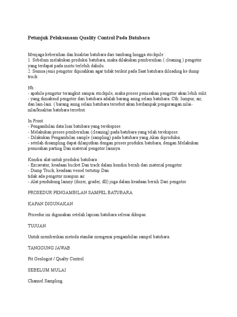 Petunjuk Pelaksanaan Quality Control Pada Batubara