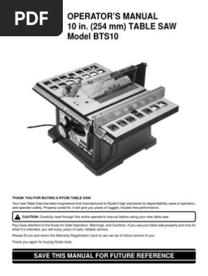 Ryobi BTS10 Table Saw Operator’s Manual