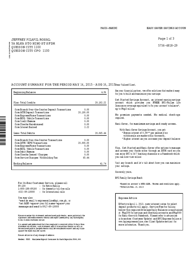 Statement Bpi | PDF | Deposit Account | Debits And Credits