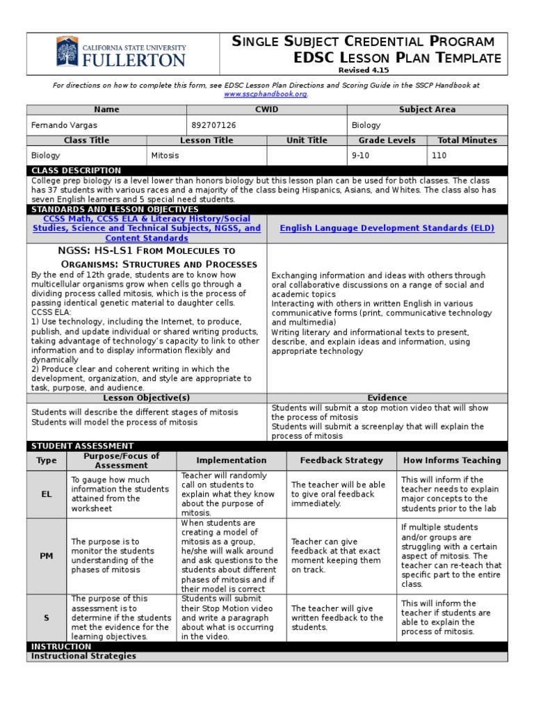 Edsc440 Lessonplan Mitosis Shortened Version | PDF | Lesson Plan | Teachers