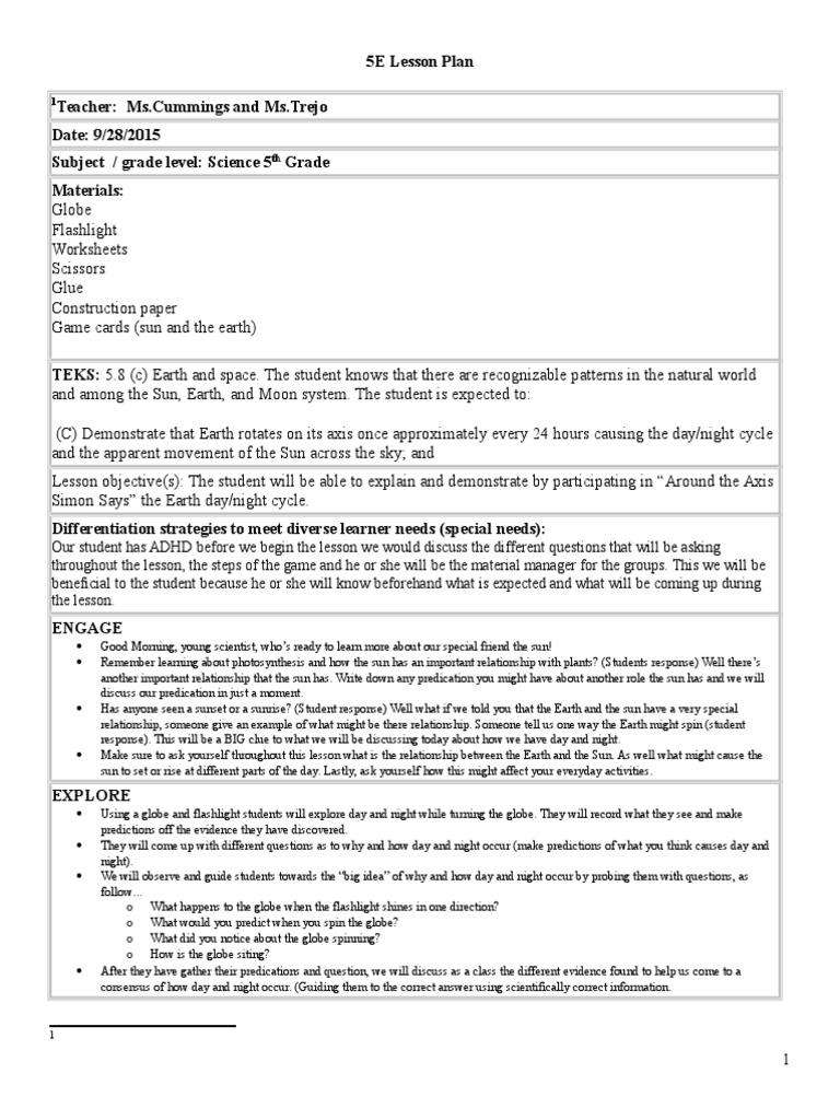5e lesson plan 2 rotation earth