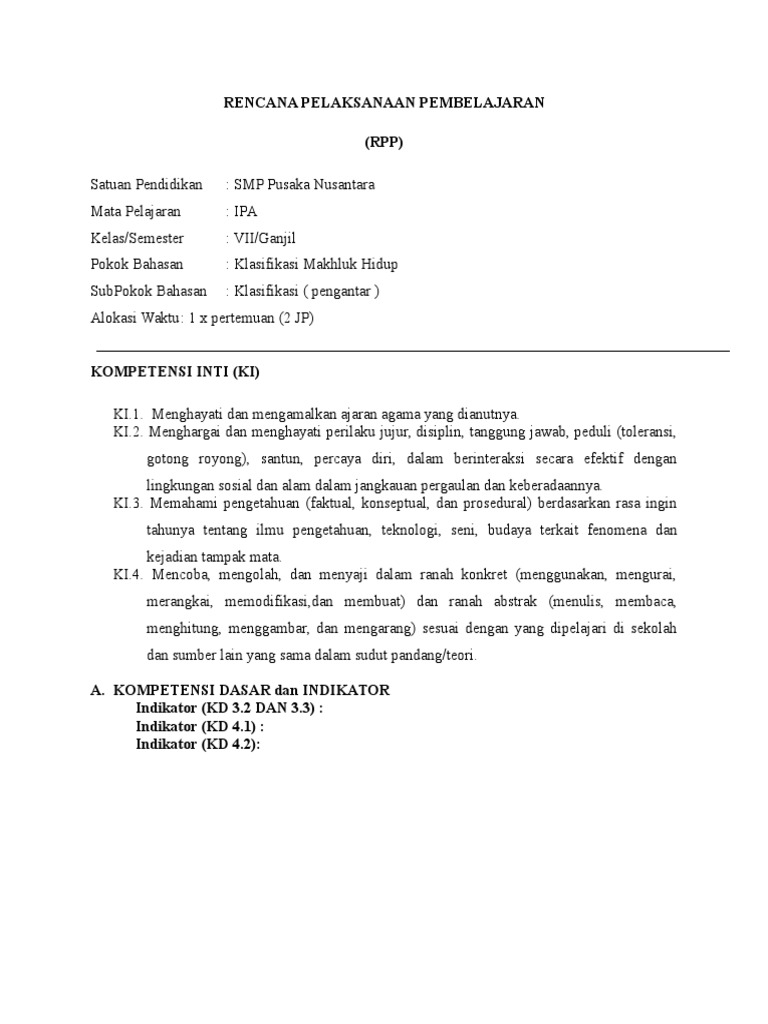 Rpp Klasifikasi Makhluk Hidup