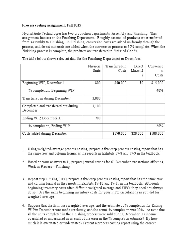 Process Costing Assignment PDF Spreadsheet Microsoft Excel