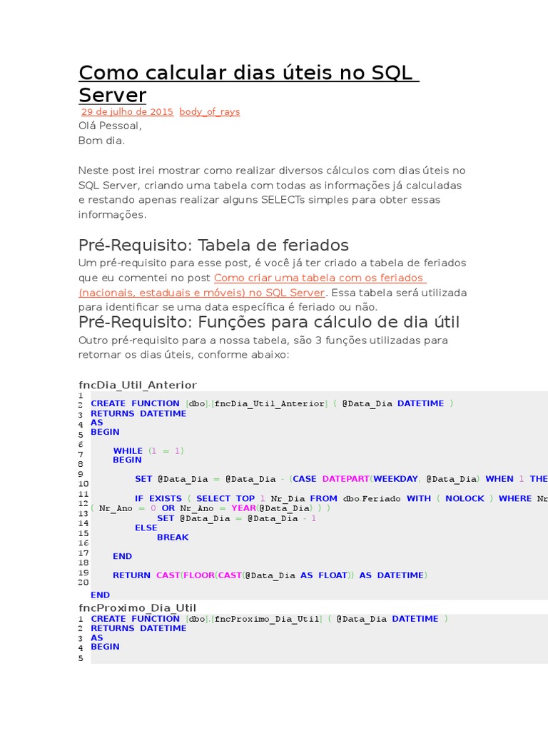 Cálculo de Dias Úteis no SQL Server | PDF | Business | Computação e ...