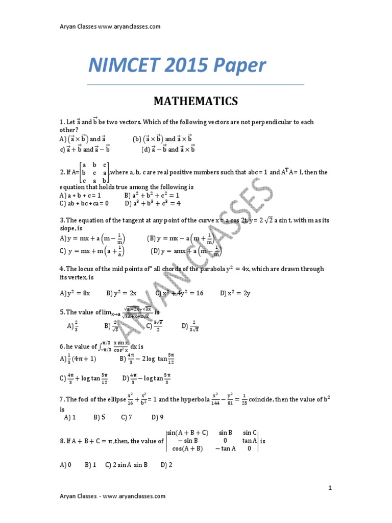 NIMCET 2015 Paper Aryan Classes | PDF | Circle | Geometry