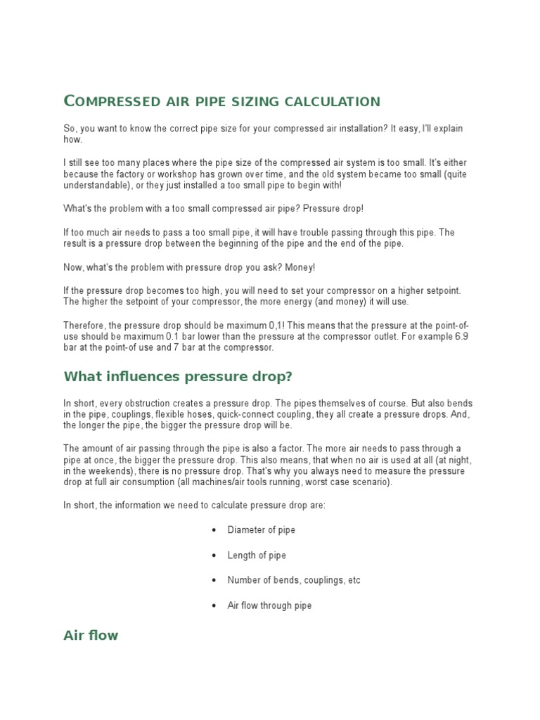 Compressed Air Pipe Sizing Calculation PDF Pipe (Fluid Conveyance