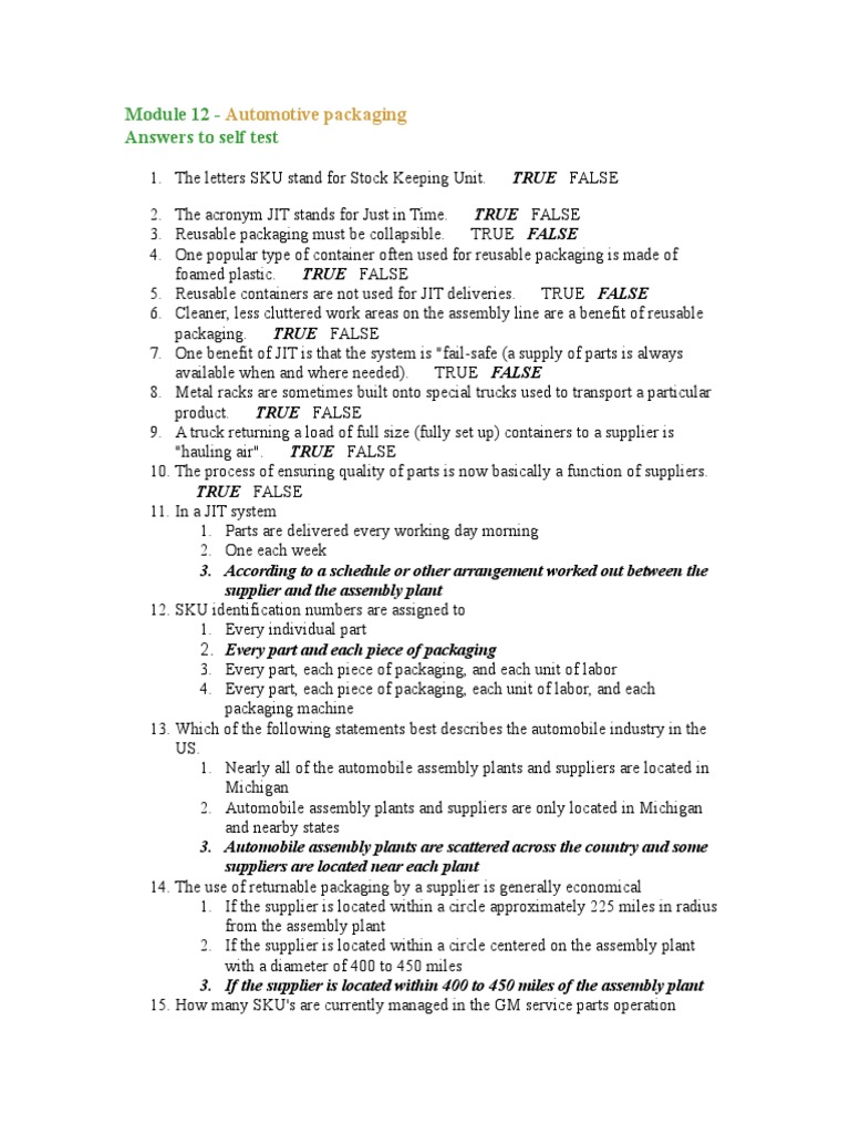 Automotive Packaging Self-Test Answers | PDF | Pound (Mass) | Packaging And Labeling