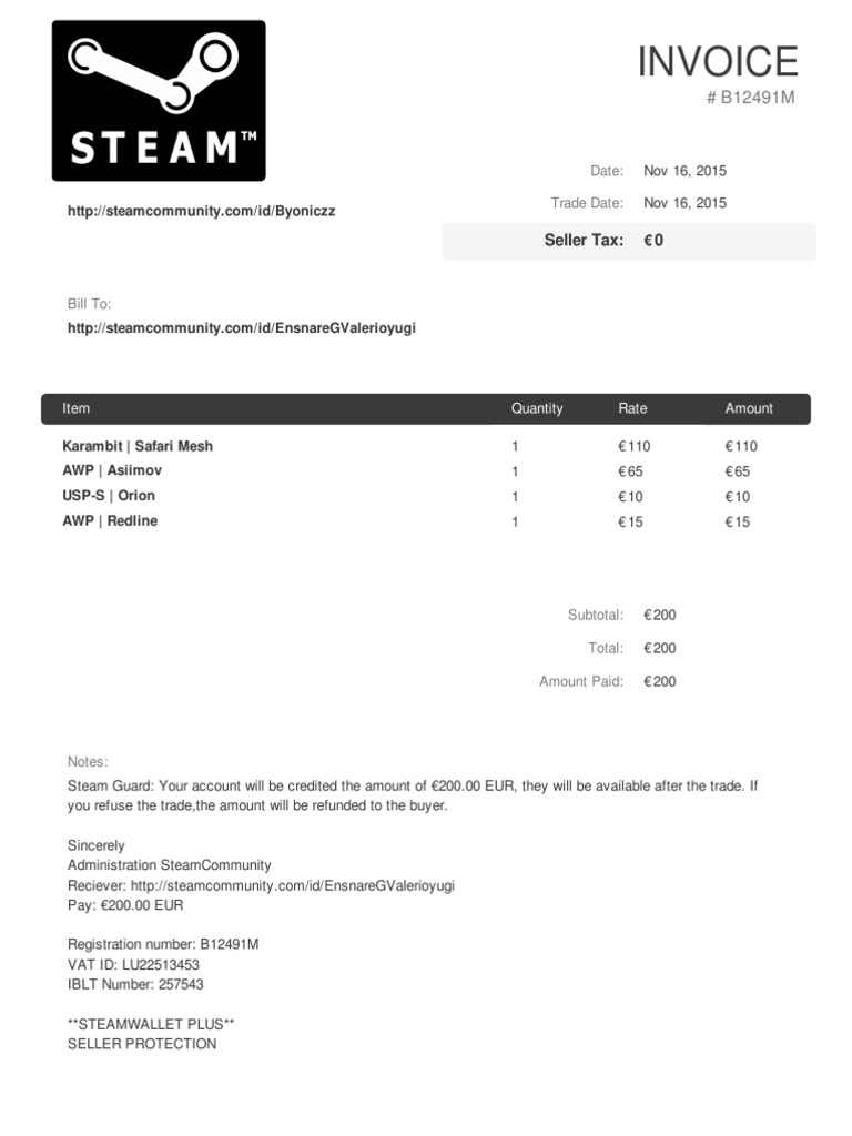 Steam Trade Invoice B12491M | PDF