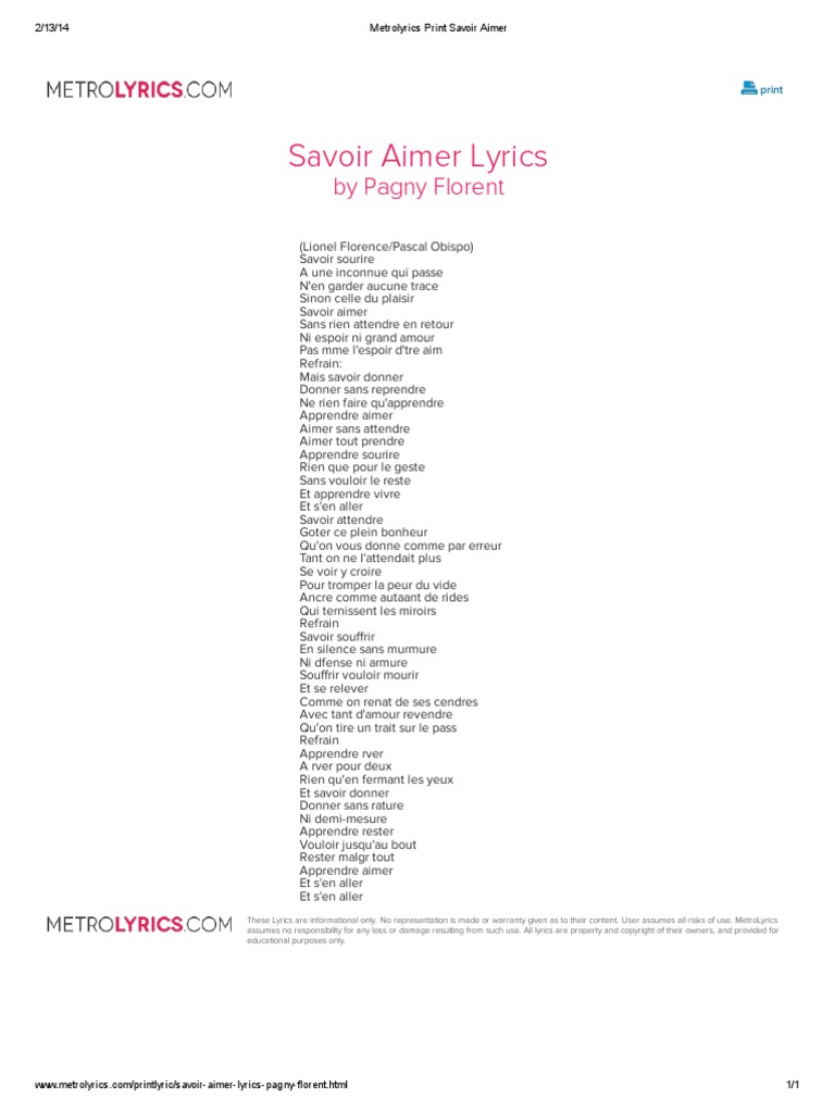 Metrolyrics Print Savoir Aimer Pdf