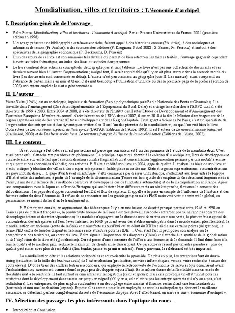 Mondialisation Villes Et Territoires L Economie D Archipel Pierre Veltz Mondialisation France