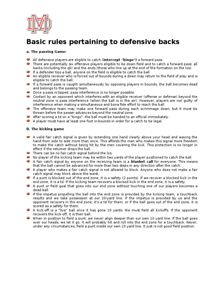 Defensive Back Rules Explained | PDF | Touchdown | American Football