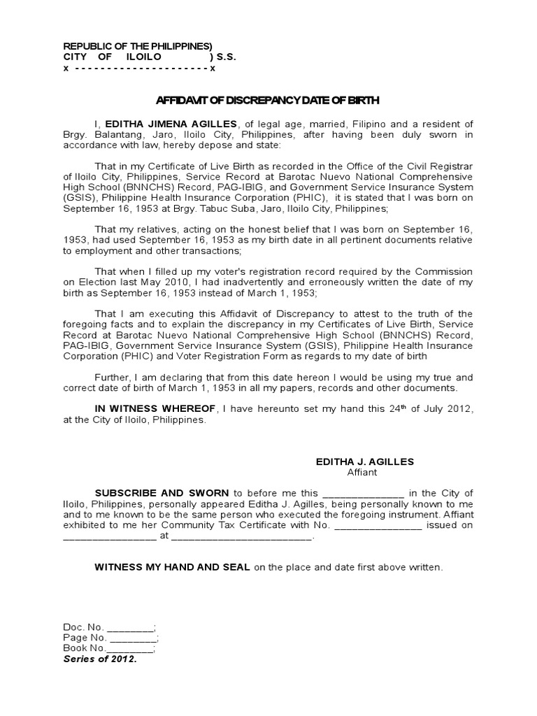 Affidavit Of Discrepancy Date Of Birth Affidavit Justice