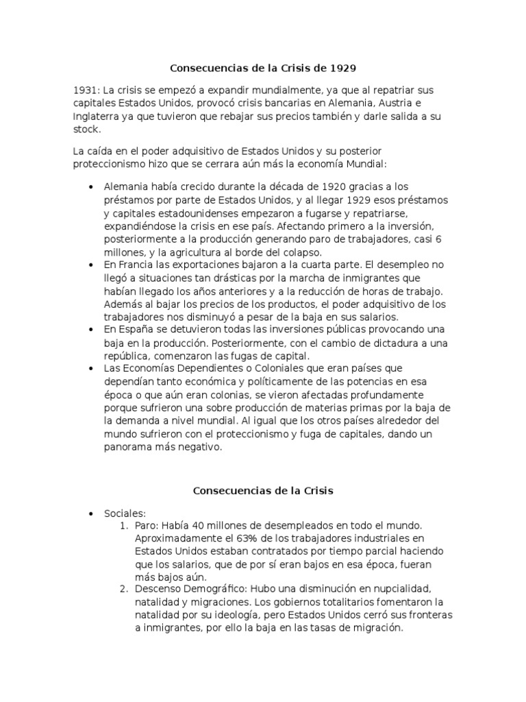 Consecuencias Sociales de la Crisis de 1929 | PDF | Gran depresion ...