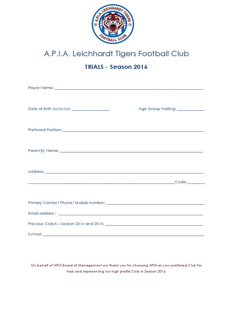 APIA Leichhardt Tigers 2016 Trials Form | PDF | Sports & Recreation