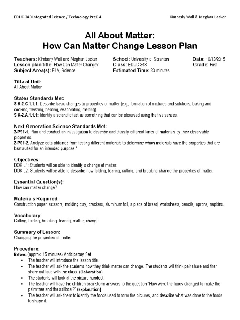 1st Grade Science: Changing Matter Lesson | PDF | Lesson Plan ...