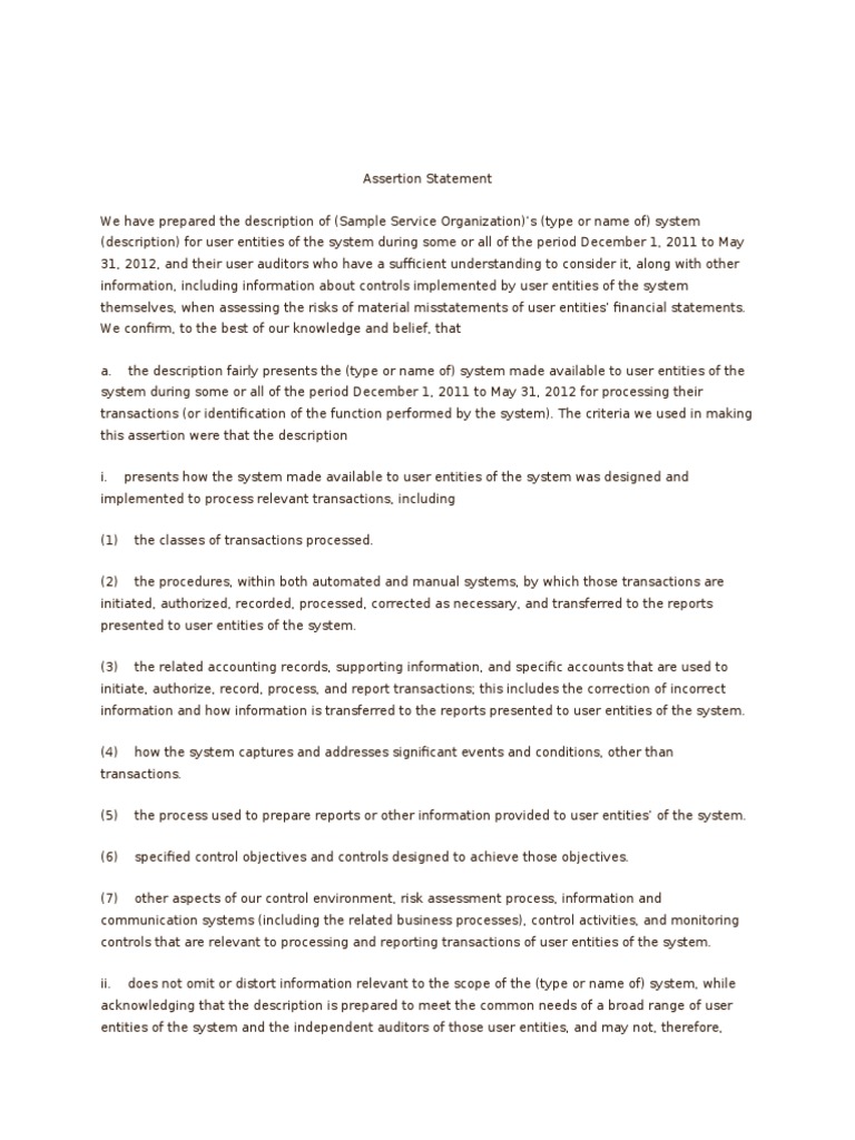 Assertion Statement Sample | Audit | Business Process