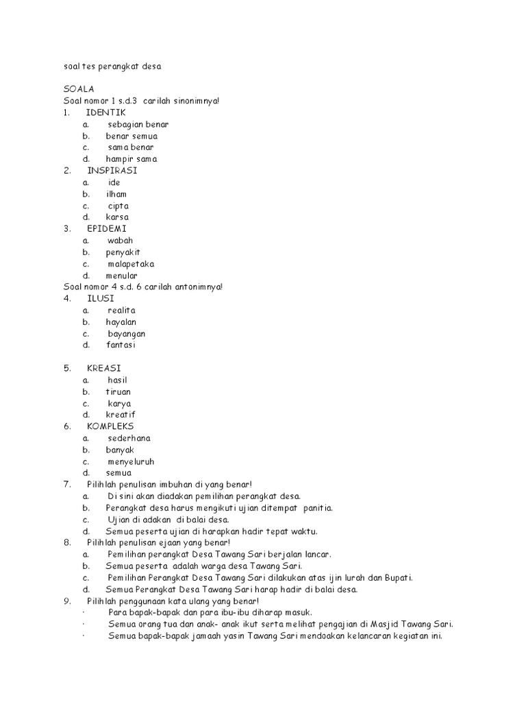 Soal Tes Seleksi Sekretaris Desa