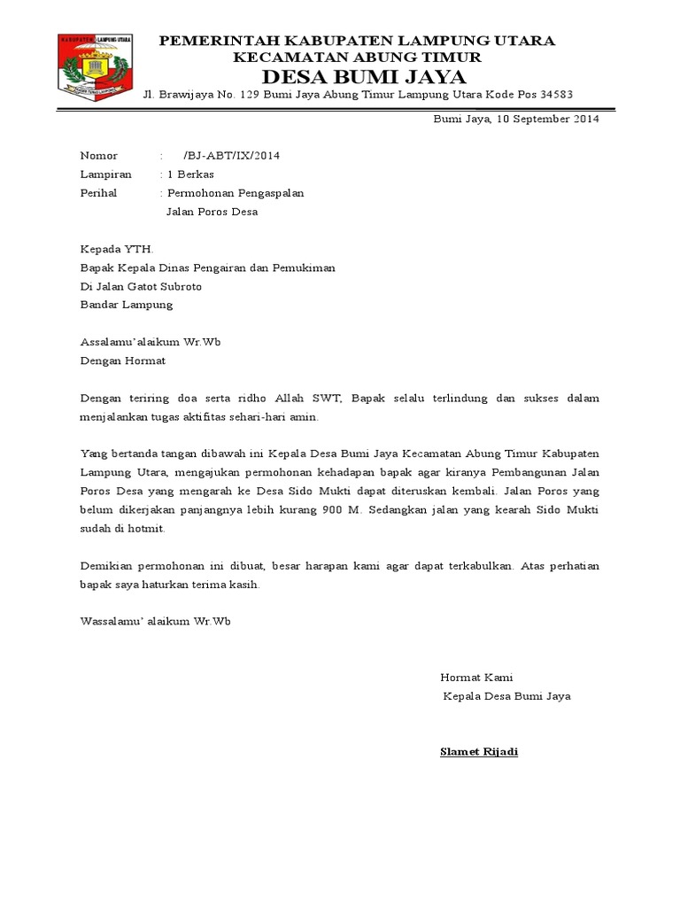 Contoh Surat Meminta Membuat Bonggal Jalan Taman