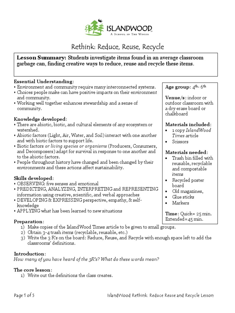 Rethink: Reduce, Reuse, Recycle Lesson | PDF | Municipal Solid Waste ...