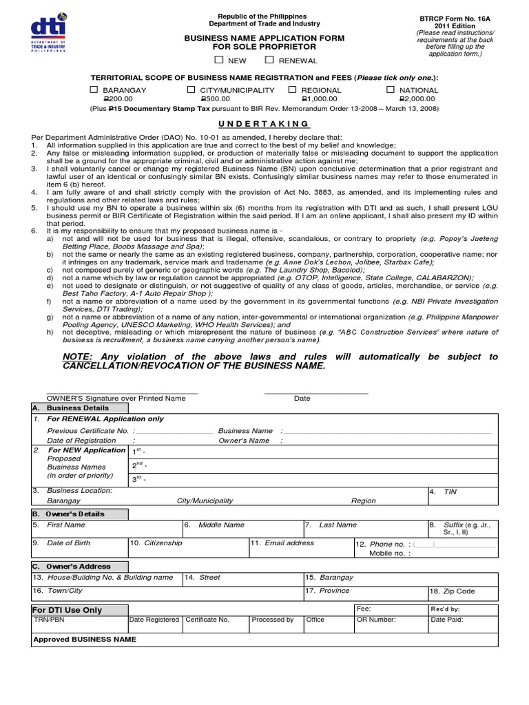 DTI Application Form Trade Name Identity Document Free 30day