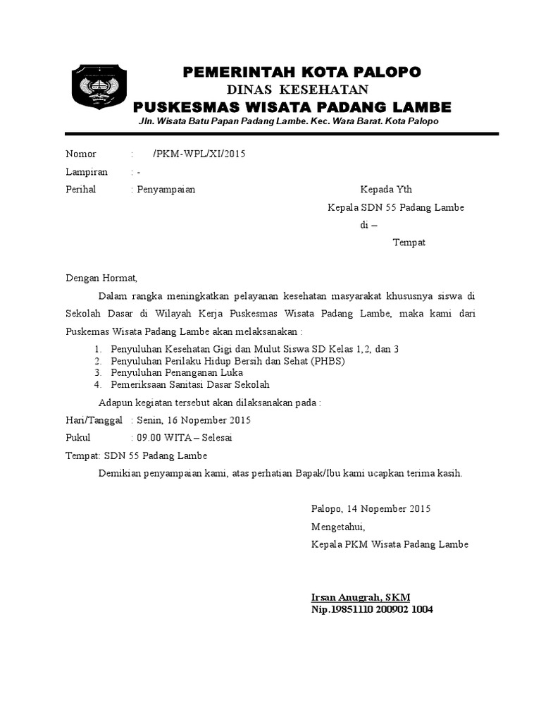 Surat Pemberitahuan Penyuluhan Dan Pemeriksaan Sanitasi Sekolah