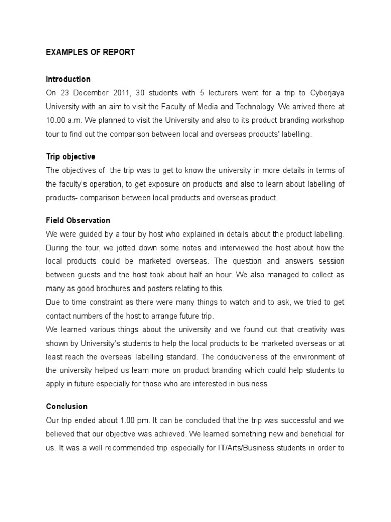 EXAMPLES of Field Trip Report  PDF  Cognition  Communication With Regard To Business Trip Report Template Pdf